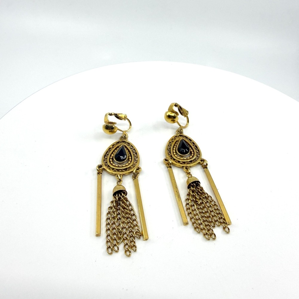 Gold Tone Black Teardrop Tassel Clip-On Earrings - Boho Statement Jewelry